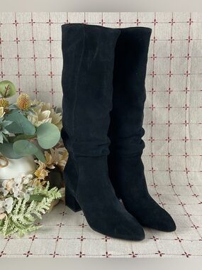Splendid “Phyllis” Black Suede Slouchy Boots Mid Calf Slouch Heeled Boot Sz 6